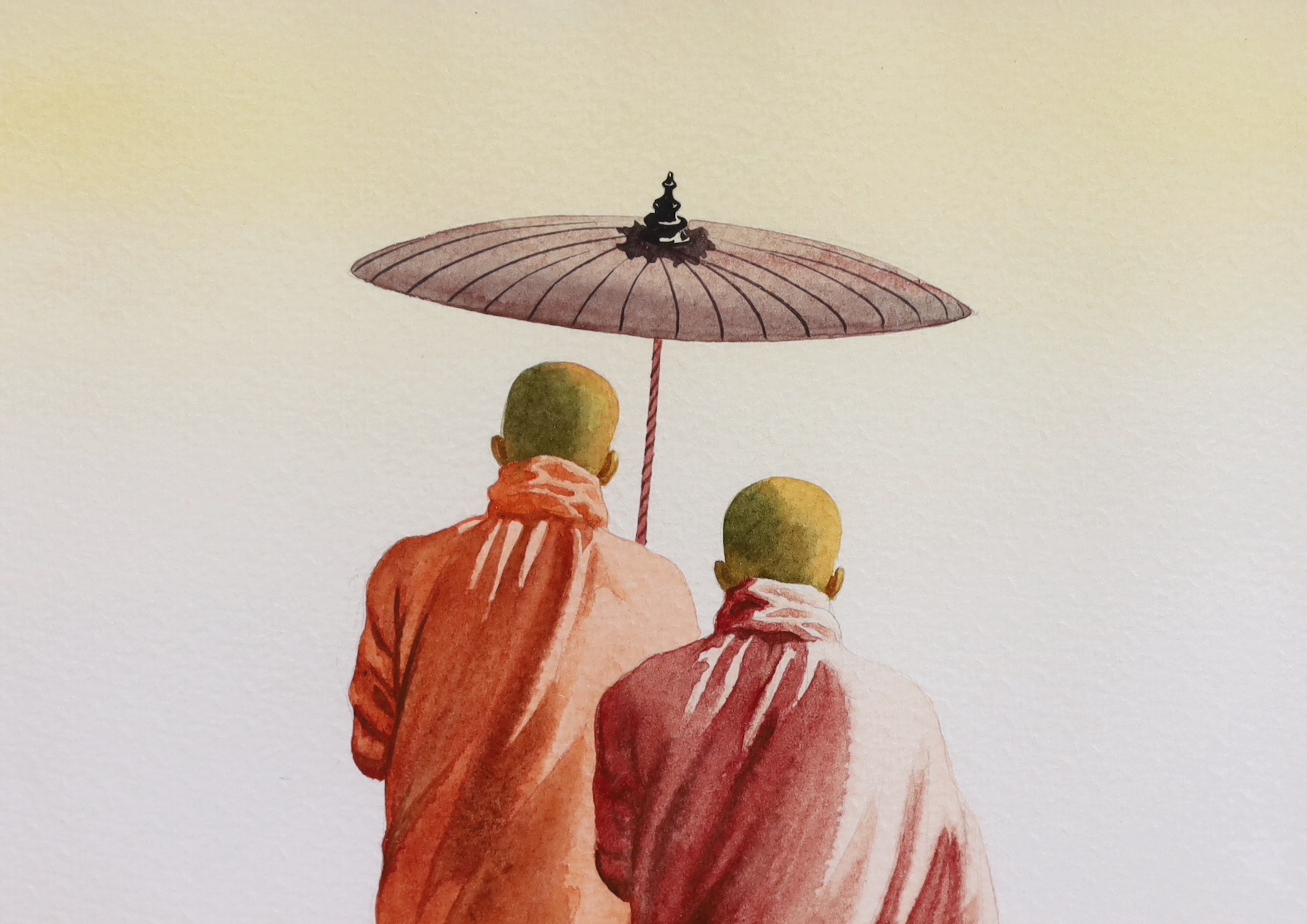 Attributed to Min Wae Aung, (Burmese, b.1960), watercolour, Two Buddhist monks and a sun shade, half length, unsigned and another similar work, largest 30 x 20cm, both in glazed frames